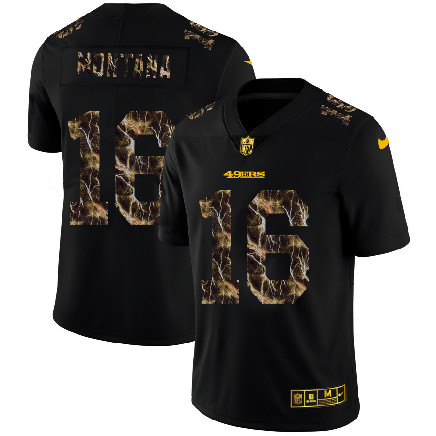 2020 San Francisco 49ers #16 Joe Montana Men Black Nike Flocked Lightning Vapor Limited NFL Jersey